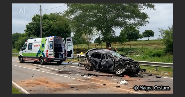 Acidente entre carreta e carro de passeio na BR-364, em Ouro Preto do Oeste.
